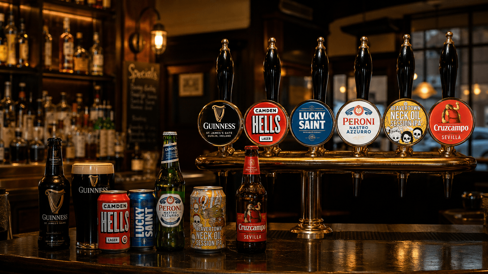 Beer taps and a pint on a bar